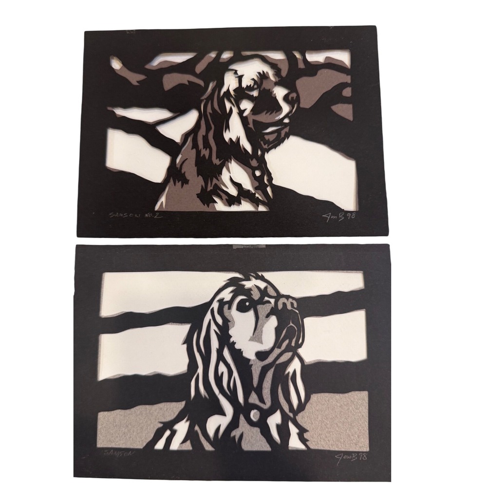 Vintage Jess B Signed Paper Cut Art Set Cocker Spaniel Samson Dog Portraits 1998